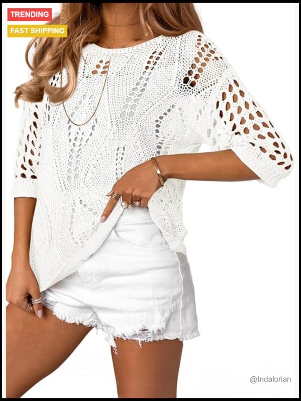 Crochet Hollow Out Knit Top Half Sleeve Spring Summer Beach Cover Up